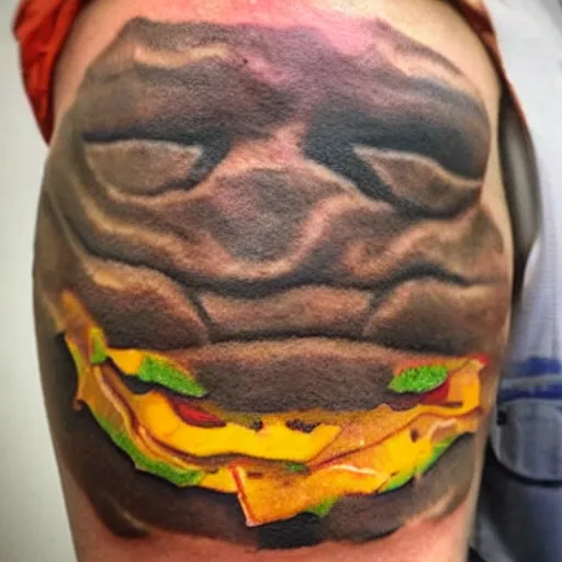 Image similar to man with a tattoo of a cheeseburger on has face, high quality, high resolution