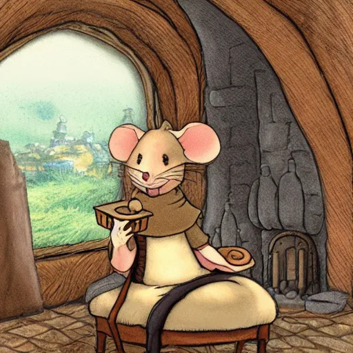 Prompt: an anthropomorphic mouse dressed in medieval clothing sitting is a big cozy armchair, studio ghibli, warm lighting, sitting by a small fireplace