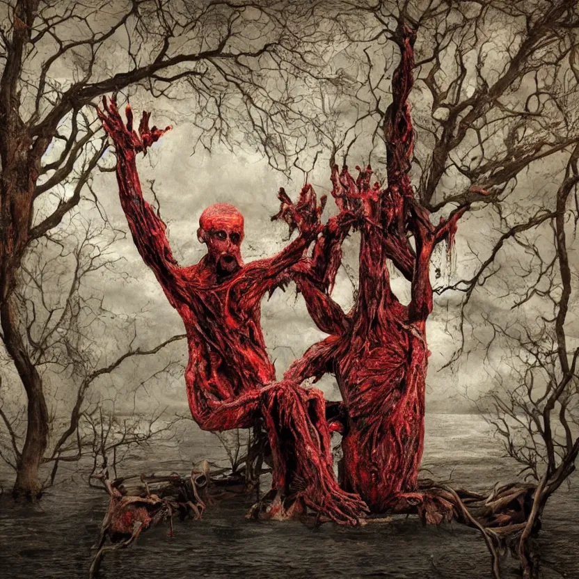 Image similar to a portrait of a man with five heads, twelve arms, sitting on chair made of human limbs, the chair is floating in a lake of blood, around the lake are melting trees, digital art, hyperrealistic nightmare scene, supernatural, highly detailed, creepy, terrifying