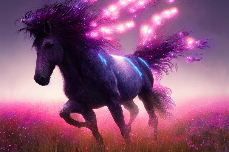 Prompt: a stunning digital painting of a horse with a mane of bioluminescent flowers running through a field of flowers by greg rutkowski, neonpunk, volumetric light, digital art, fine detail, photorealistic