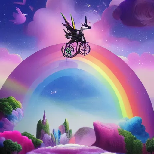 Prompt: beautiful matte painting, rainbow colored pink pink darth vader wearing pink wearing pink, riding a unicorn, riding a unicorn, riding a one-horned unicorn over a glittering rainbow, in psychedelic space, by lisa frank and dan mumford, octane render, HDR, vivid color, volumetric lighting, unreal engine, concept art, CGsociety, trending on artstation