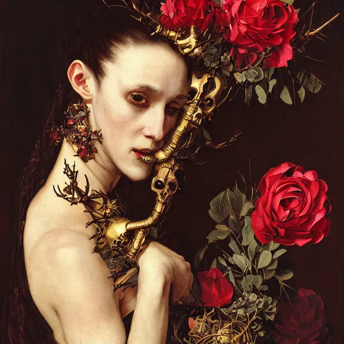 Image similar to portrait of a woman with a golden skull mask on face, a wreath of thorns, a dress of bones and roses, horns, snakes, smoke, flames, full-length, oil painting in a renaissance style , very detailed, red background, painted by Caravaggio, Greg rutkowski, Sachin Teng, Thomas Kindkade, Alphonse Mucha, Norman Rockwell, Tom Bagshaw.