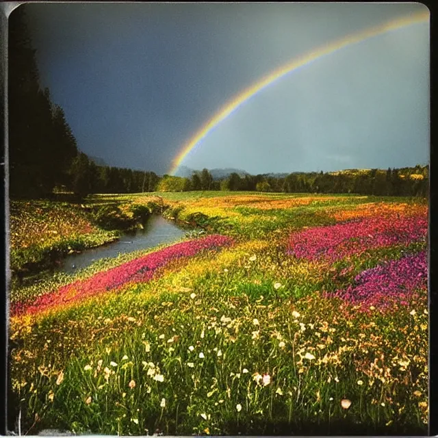 Image similar to very beautiful polaroid photo of a flower meadow by a stream on a sunny day with double rainbow