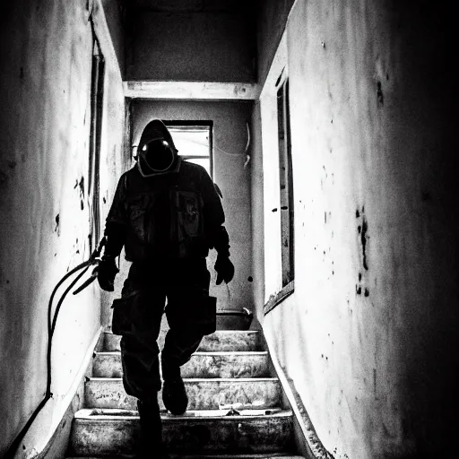 Prompt: A misterious man wearing a gas mask is standing on the midle of a stair hallway looking in the direction of the camera, the man is using a turned on flashlight to look for survivors :: Ruined city with vegetation and trees growing all over the place in the distroyed buildings :: apocalyptic, shadowy, disolate :: A long shot, low angle, dramatic backlighting, simetric photography, night time, slighty colorful :: cinematic shot, very detailed