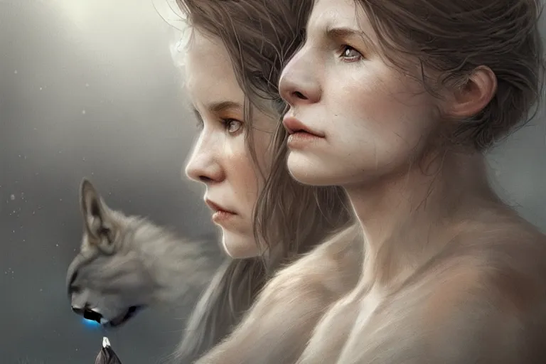 Image similar to woman living with wolves, highly detailed, photorealistic, reflections, smooth, sharp focus, concept art, illustration, beautiful, geometric, trending on artstation, cinematic, featured on behance , artwork by WLOP and Tran, Ross