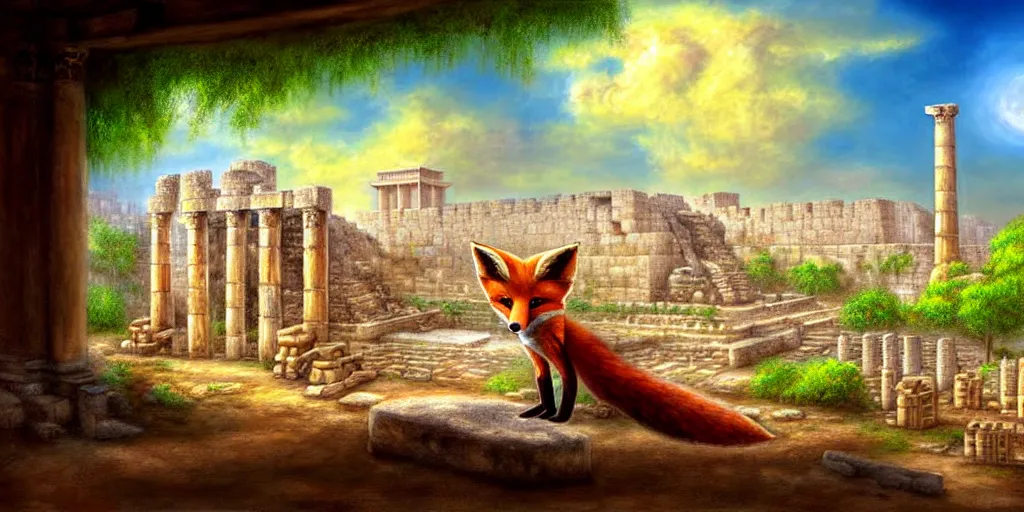 Prompt: illusion painting hidden temple : an adorable small fox in the huge ruins of the second temple in jerusalem in the distance. the third temple hovers quietly hiding in the dreamy clouds above. a hooded bearded old man in a brown tunic laughing, colorful 8 k, art station, intricate superb details, digital art, illusion painting hidden image.