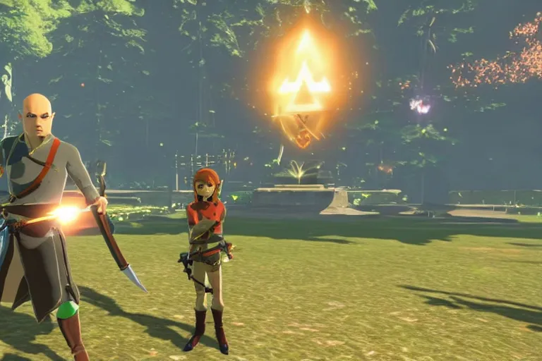 Image similar to agent 4 7 holding master sword in botw, breath of the wild screenshot