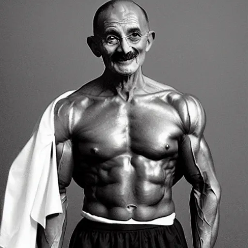 Image similar to mahatma ghandi bodybuilder, muscular, macho, photo,