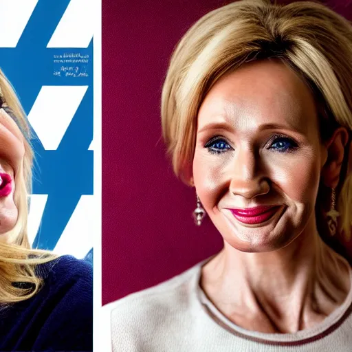 Image similar to Portrait till photograph of JK Rowling smiling in front of the transgender flag, detailed, textured, medium shot, mid-shot, trending on Artstation