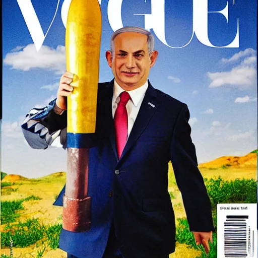 Prompt: a portrait of Benjamin Netanyahu holding a rocket, Vogue magazine, highly detailed