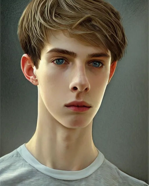 Image similar to portrait of 1 5 - year - old boy, a tall, slender boy with a pale, pointed face, sleek blond hair, and ice grey eyes, wearing black clothes, hyper realistic face, beautiful eyes, close up, fantasy art, in the style of greg rutkowski, intricate, alphonse mucha, hyper detailed, smooth