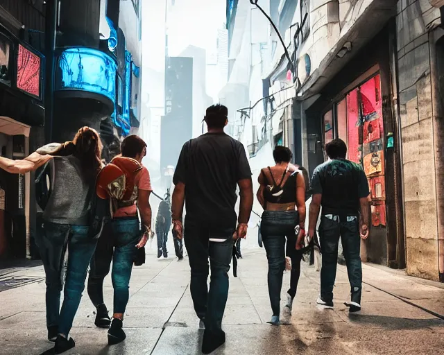 Image similar to front view of people walking down a cyberpunk street