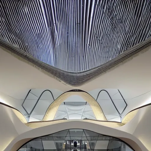 Image similar to extremely elegant detailed stunning beautiful futuristic museum lobby interior by Zaha Hadid