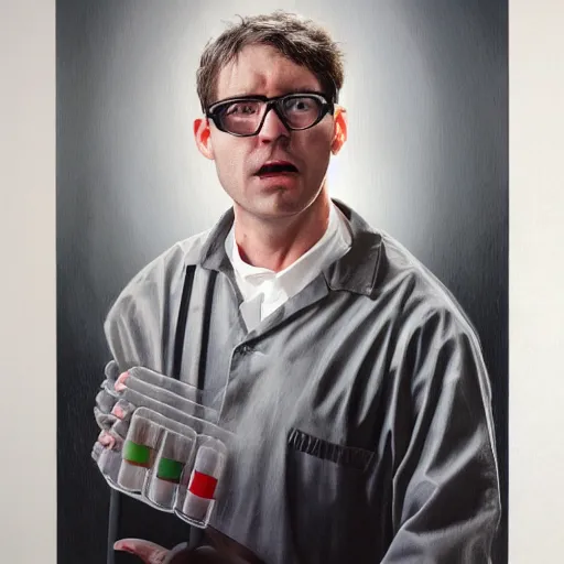 Image similar to hyperrealism hyperrealistic portrait style where a scientist appears using test tubes