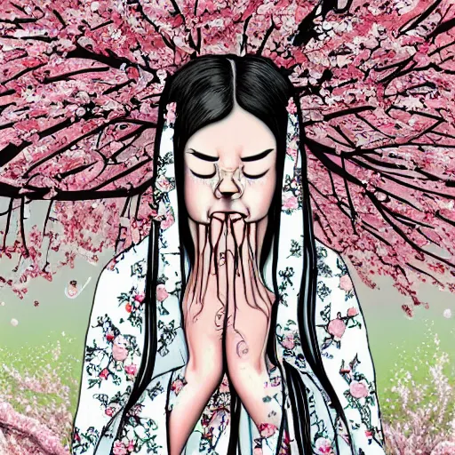 Image similar to a crying woman in a white gown kneeling at a beautiful shrine under a cherry blossom tree, rainy wet, ultradetailed, hd 8 k, illustration, aaron horkey