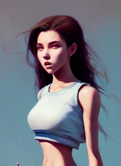 Image similar to ultradetailed beautiful painting of a stylish young lady wearing a crop top, dramatic, she has dreamly hair, distressed, volumetric light, full body portrait by greg rutkowski, ilya kuvshinov, james jean, makoto shinkai, on artstation