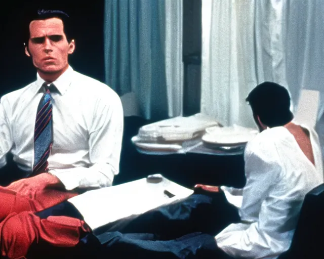 Image similar to Biden as Patrick Bateman in American Psycho, film still