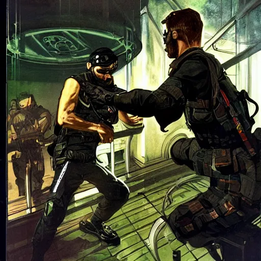 Prompt: Sam Fisher blackops operator choking out a guard. rb6s, MGS, and splinter cell Concept art by James Gurney, Alphonso Mucha. Vivid color scheme.