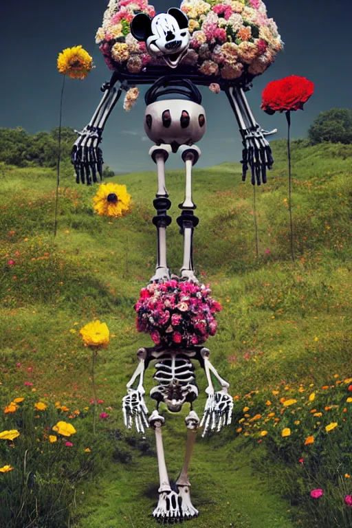 Prompt: a skeletal, mickey mouse made out of flowers and bones, taking a giant robot for a walk in the countryside by beeple, nychos and arcimboldo, highly detailed octane render
