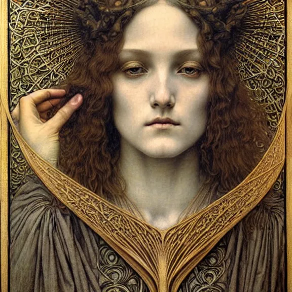 Image similar to detailed realistic beautiful young medieval queen face portrait by jean delville, gustave dore and marco mazzoni, art nouveau, symbolist, visionary, gothic, pre - raphaelite. horizontal symmetry