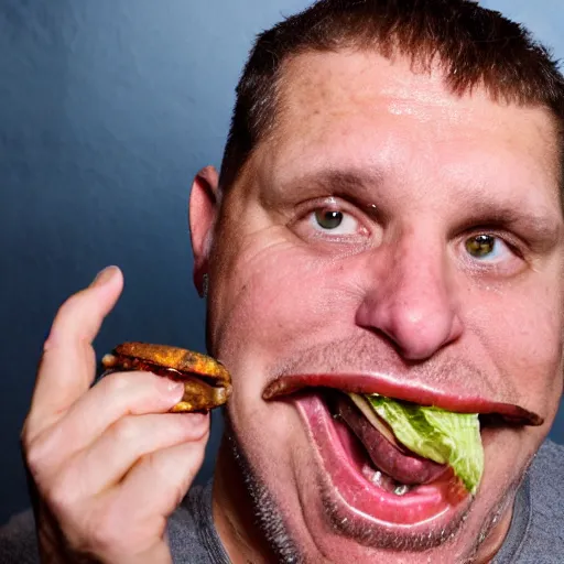 Prompt: a high resolution 4k photograph of John Joseph, the singer of the cromags, shoving a cheeseburger into his mouth