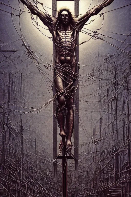 Image similar to full body shot of a cybernetic jesus on the cross, wires everywhere, cyberpunk art by beksinski and szukalski and giger and seb mckinnon and dan mumford and wlop and josan gonzalez, digital art, highly detailed, intricate, sharp focus, trending on artstation hq, deviantart, pinterest, unreal engine 5, 4 k uhd image