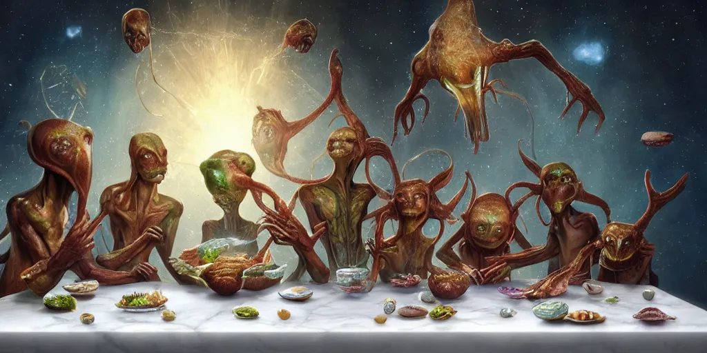 Prompt: !13 very diverse aliens enjoying a rich salad around a marble table, !positioned as last supper cinematic lighting, crystals and diamonds, fantasy, surreal, floating, highly detalied, 4k, artstation, by Wayne Barlowe