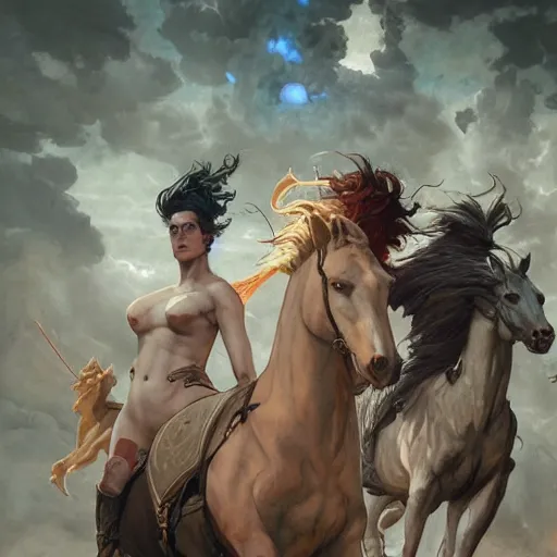 Image similar to four horsemen of the apocalypse, digital art, by Fernanda Suarez and and Edgar Maxence and greg rutkowski