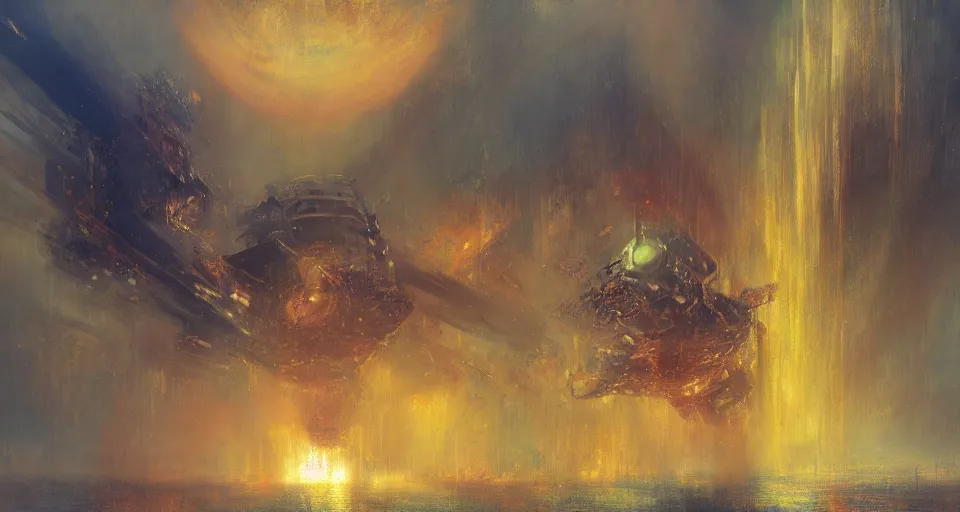 Prompt: Mech robot city under attack. By Joseph Mallord William Turner, fractal flame, highly detailded