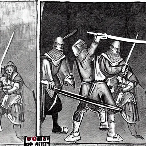 Prompt: medieval sword fight cctv footage, coloured photo