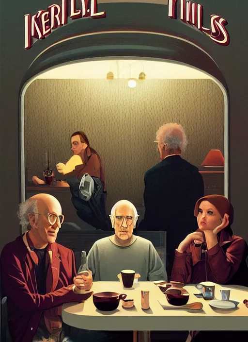 Image similar to poster artwork by Michael Whelan and Tomer Hanuka, Karol Bak of Larry David sitting along in the diner, from scene from Twin Peaks, clean, simple illustration, nostalgic, domestic, full of details