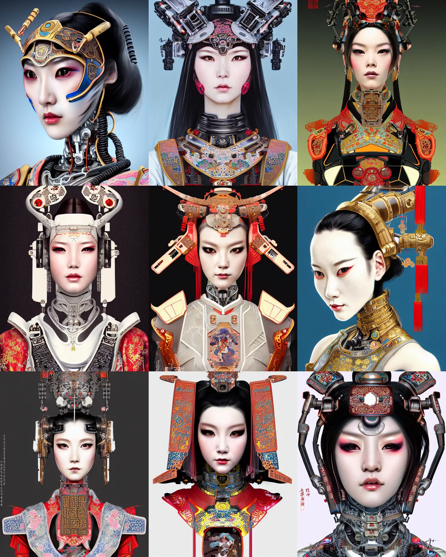 Prompt: upper half portrait of a female robot with machine head gear cyberpunk face accessories, decorated with chinese opera motifs, royal, fine china, wuxia, traditional chinese art intricate intense elegant highly detailed digital painting artstation concept art smooth sharp focus illustration, art by mike nash and artgerm and alphonse mucha and vania zouravliov, 8 k