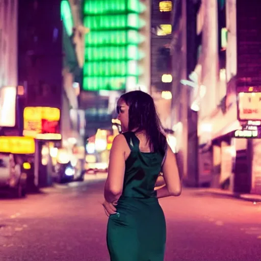 Prompt: a beautiful woman in a green dress standing on a bustling cyberpunk city street at night