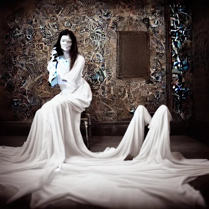 Prompt: portrait of a beautiful woman like a fallen angel, total body dressed in long intricate ornamental white dress, fine art photography by Lindsay Adler, sitting in an hall of an haunted house professional studio lighting, volumetric lighting, dark colors , hyper realistic kodak photography