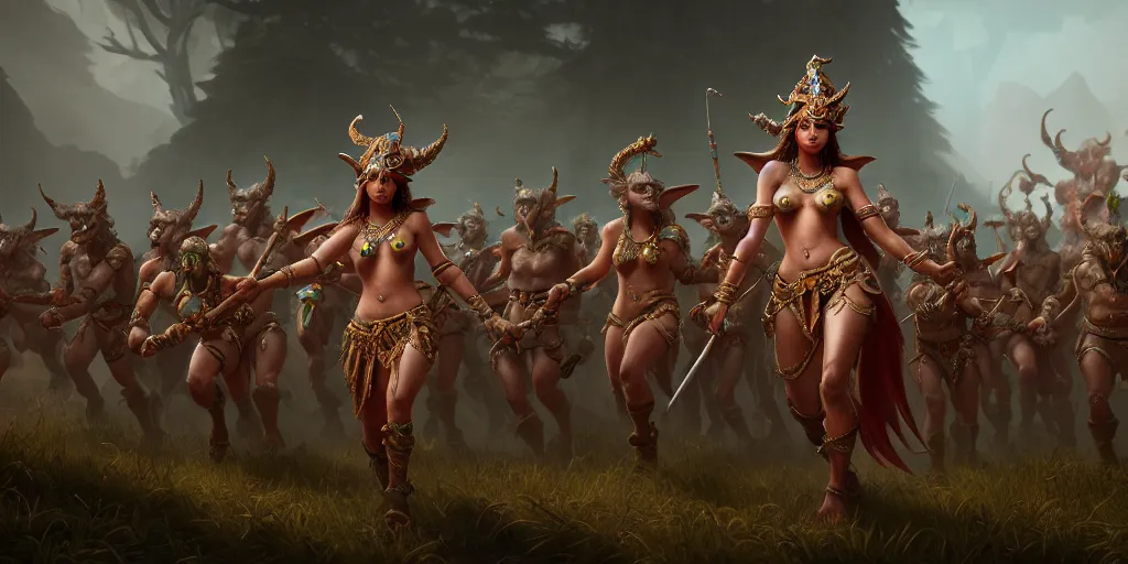 Prompt: painting of beautiful goddess leading an army of goblins, hyper - realistic, unreal engine, octane render, digital art, trending on artstation, 8 k, detailed, atmospheric, immaculate