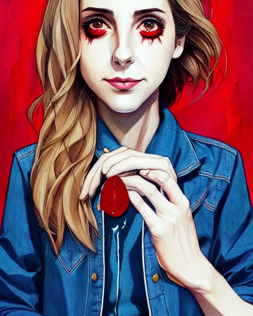 Image similar to loish, artgerm, Joshua Middleton art, Rafeal Albuquerque, pretty Alison Brie serial killer holding bloody knife in right hand realistic hand, blood on clothes and face, sarcastic smile, symmetrical eyes, symmetrical face, jean jacket, jeans, short blonde hair, middle shot, night time, deep blacks
