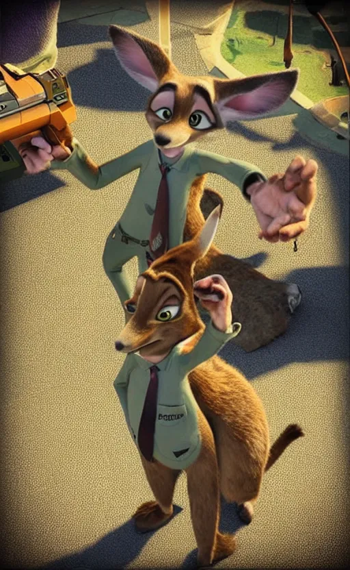 Image similar to “kangaroo in the style of the movie zootopia holding a laser gun and pointing it at the the camera”