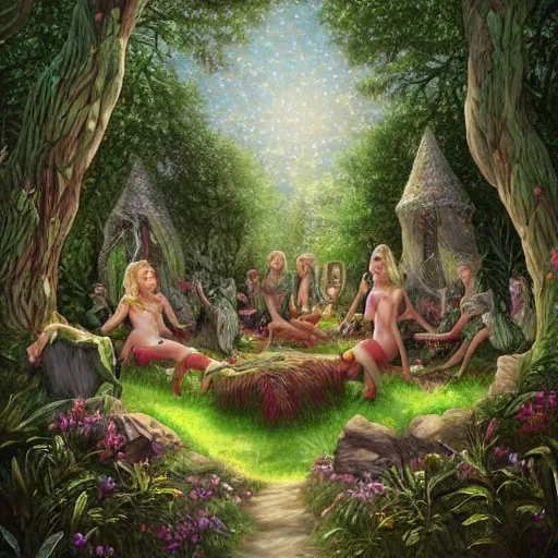 Image similar to highly detailed commune of !!!!!hedonist!!!!! (((((elves))))). the (((((elves))))) are carefree and playful. digitally painted forest scene. The (((((elves))))) each have the face of famous musician !!!!!Ed Sheeran!!!!!. Each elf looks like !!!!!!!!!!ED SHEERAN!!!!!!!!!! !!!!!ED!!!!! pixiv, artbreeder. high quality art