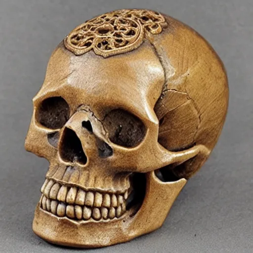 Image similar to intricately carved human skull, intricate ornament, gilding