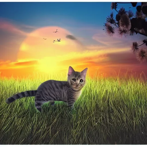 Prompt: beautiful picture of a cat starting at a futuristic sunset, photorealistic, award winning details
