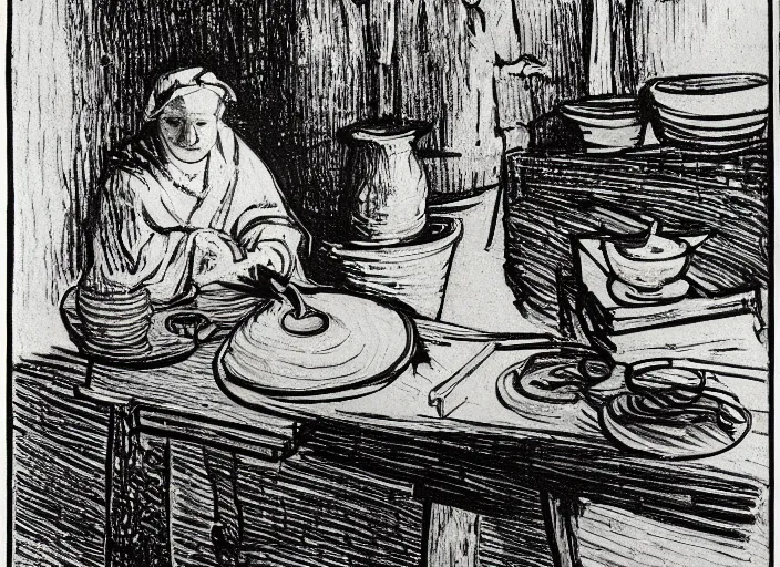 Prompt: abstract stylized pen and ink drawing on white paper of a woman sitting at a pottery wheel working on a vase, john singer sargent, van gogh, miro, vermeer