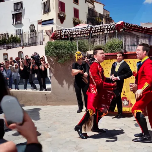 Image similar to elon musk dressed as a matador, bullfighting, la plaza abarrota