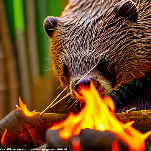 Prompt: wildlife photography of a beaver chewing a green bamboo shoot, surrounded by flames and lava, f / 1. 8, soft focus, 8 k, national geographic, award - winning photograph by nick nichols and nick brandt