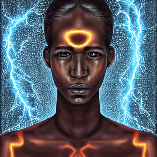 Image similar to “sango God of thunder plaited hair lightning facial details proportionate symmetrical digital art oil painting”