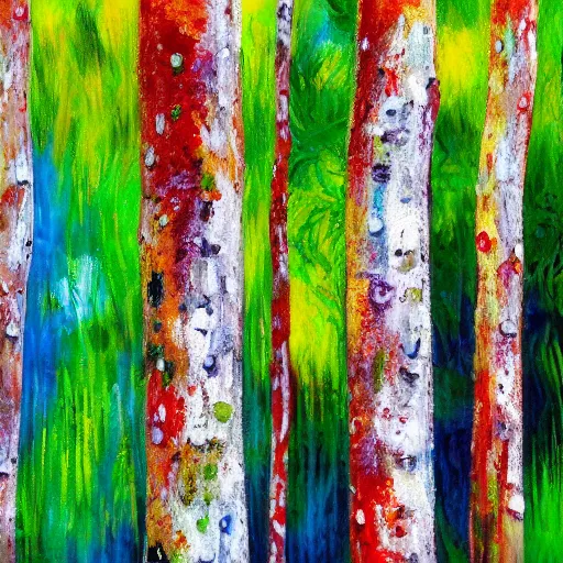 Image similar to paint drip of a forest with green, blue, red tree trunks. acrylic of canvas, impressionist painting