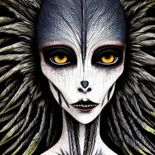 Image similar to detailed illustration of attractive humanoid alien species with beautiful human face, human torso, dark fae, black feathers instead of hair, feathers growing out of skin, wings growing out of arms, transformation, tim burton, guillermo del toro
