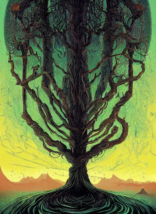 Prompt: a painting of a strange looking tree in the middle of a field, poster art by kilian eng, behance contest winner, fantasy art, lovecraftian, cosmic horror, apocalyptic landscape