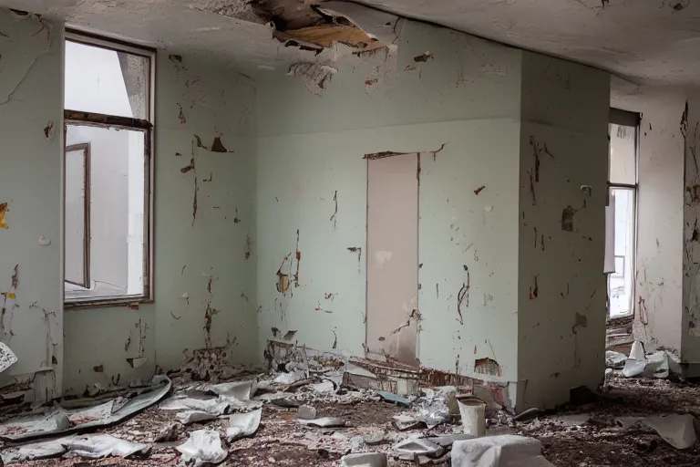 Image similar to photo of an abandoned hospital, operating theater, paint peeling off the walls, 35mm