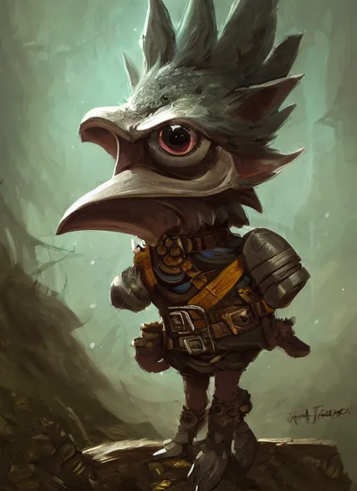 Image similar to cute little anthropomorphic rockfowl bandit wearing swamp patch, tiny, small, miniature animal, baby animal, short, pale black armor, cute and adorable, pretty, beautiful, DnD character art portrait, matte fantasy painting, DeviantArt Artstation, by Jason Felix by Steve Argyle by Tyler Jacobson by Peter Mohrbacher, cinematic lighting