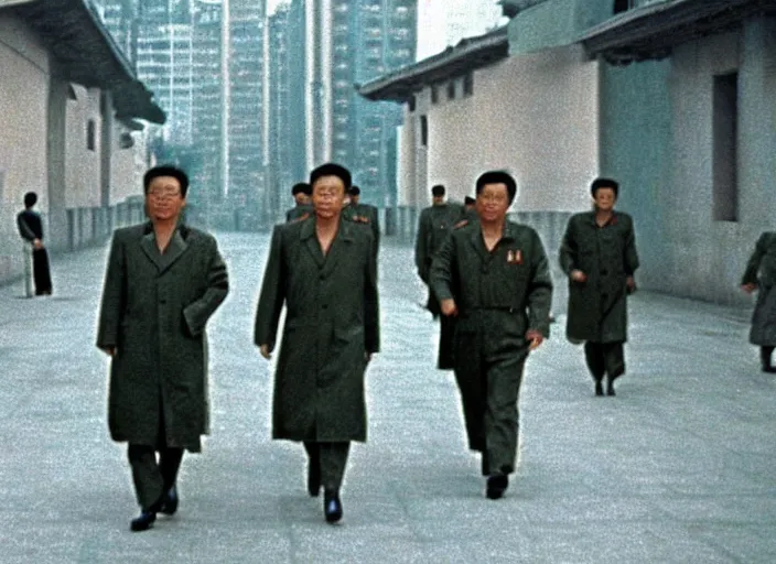 Prompt: kim jong - il clone army walking in 1 9 6 0 s pyongyang, epic thriller in the style of ghost in the shell by mamoru oshii, blur very realistic movie still, backlighting